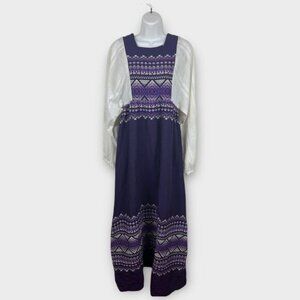 Vintage 70s Guatemala Cotton Purple White Folkart Woven Maxi Dress Long Slv 12